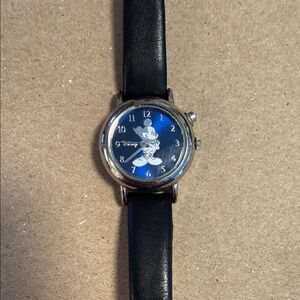 Disney Branded Stainless Steel Watch with Black Leather Strap